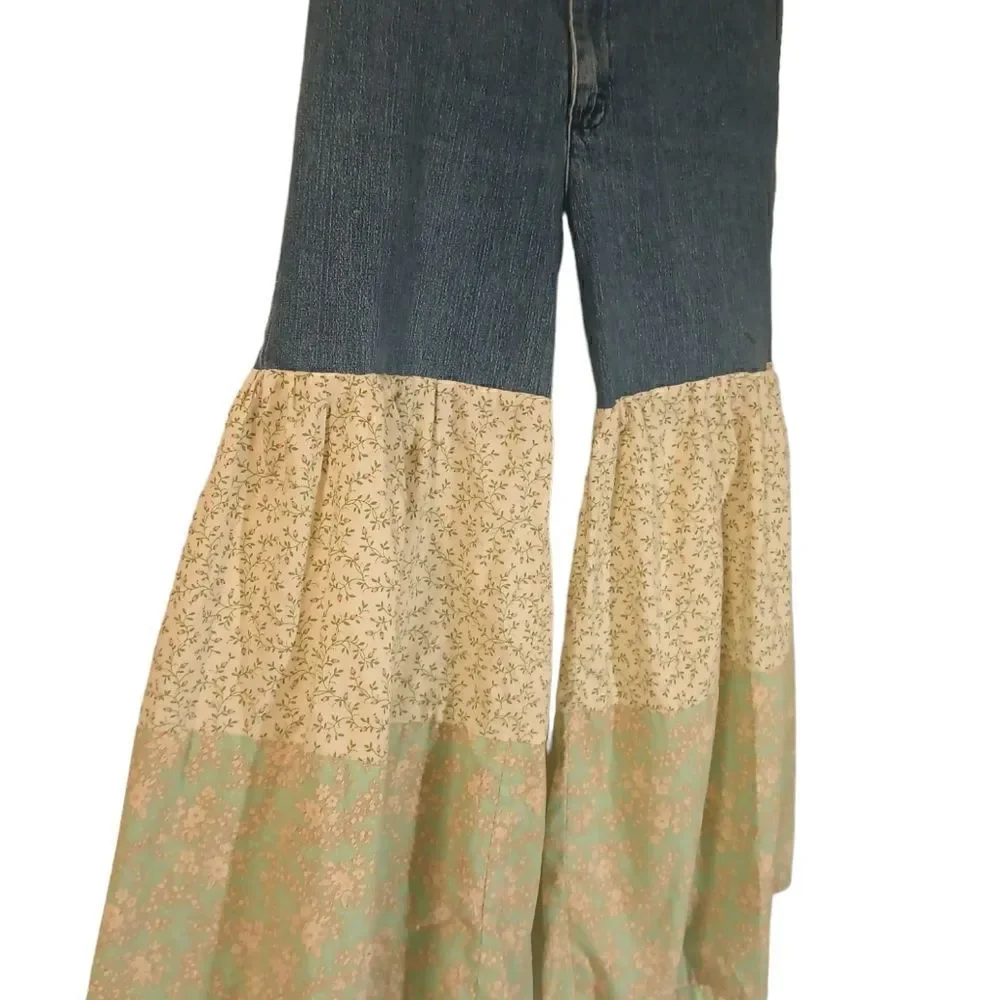 Upcycled recycled customized vintage hippie gypsy  bell bottom denim jean 12 - Picture 3 of 12